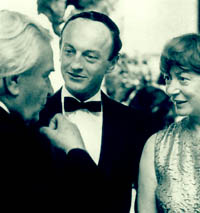 George Cserna- Frank O'Hara (wearing bow tie) with Elaine de Kooning and Reuben Nakian at the Nakian opening, The Museum of Modern Art, New York, 1966