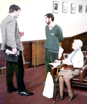 Peter Robinson, center, with Olga Rudge and Kevin Jackson, Cambridge Poetry Festival, UK, 1985, photo Adam Clarke-Williams