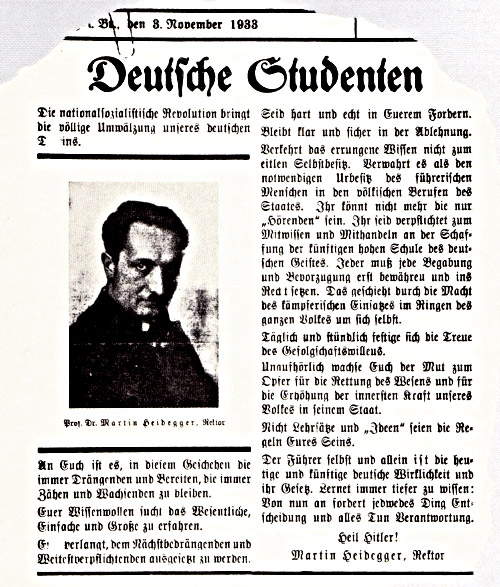 An address to German students by Heidegger, published on 8 November 1933, calling for commitment to Nazism and proclaiming Hitler himself to be «the present and future German reality and its law».