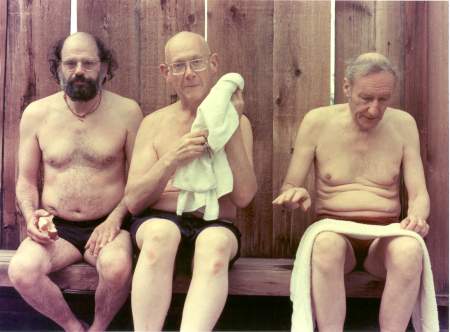 Allen Ginsberg, Philip Whalen, novelist William S. Burroughs, swimming pool area, Varsity Apartments, Boulder, Colorado, July 1976. Photo Copyright (c) Gordon Ball, 2006