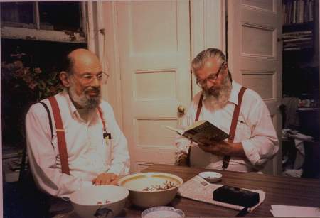 Allen Ginsberg and Peter Orlovsky, 437 E. 12 St., June 1996, before we left for a flashlight tour of Allen's new loft on 13th St. and dinner at the Mee Noodle Shop and Grill on First Avenue. Peter is reading Richard Hell's «Go Now.» Photo Copyright (c) Gordon Ball, 2006