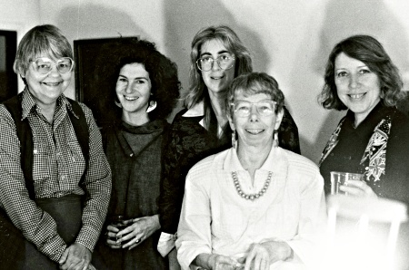 Kathleen Fraser (right) and other evolving associate and contributing editors for the original HOW(ever) magazine [1983–1989], minus the second Contributing Editor, Carolyn Burke, who did not make it to that event. Photo courtesy of UCSD Mandeville Special Collections Library.