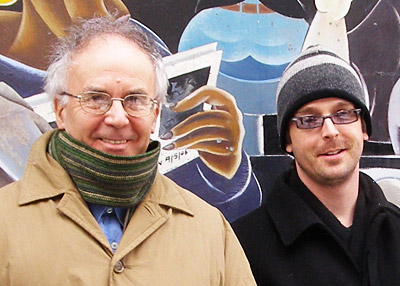 Tomaž Šalamun (left) and Brian Henry outside Veselka’s restaurant, New York City.